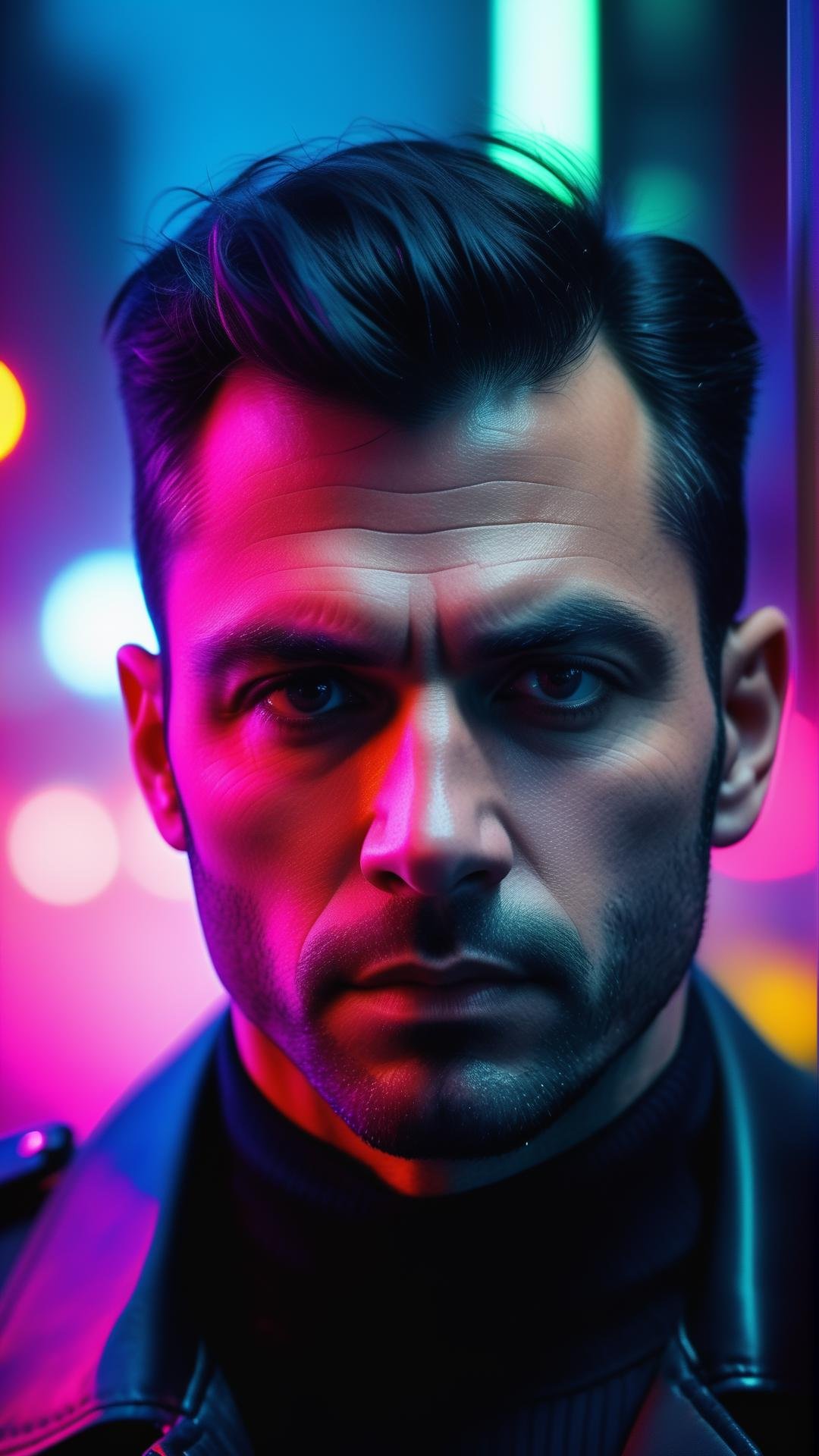 city street, neon, fog, volumetric, closeup photo of 40 y.o man in dark clothes, serious face, (police uniform), cinematic shot, ultra realistic, neon fog, Geordie Dandy face