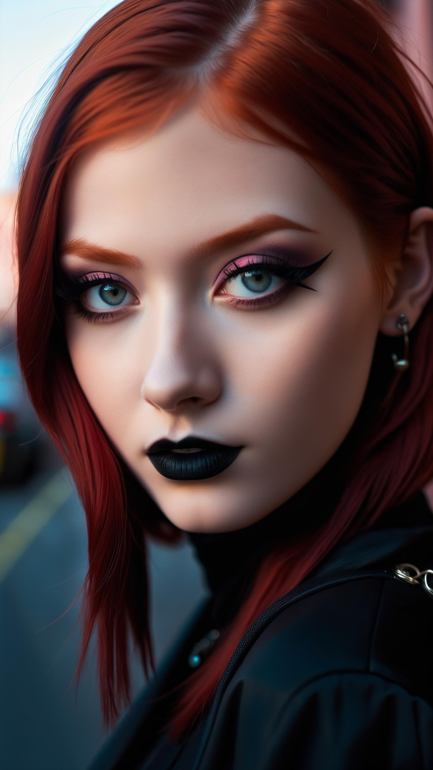 Dark shot, city street, pastel goth, sexy goth girl, photo of cute 24 years old redhead woman, cinematic shot, hard shadows, photorealistic, cute face, looking at viewer