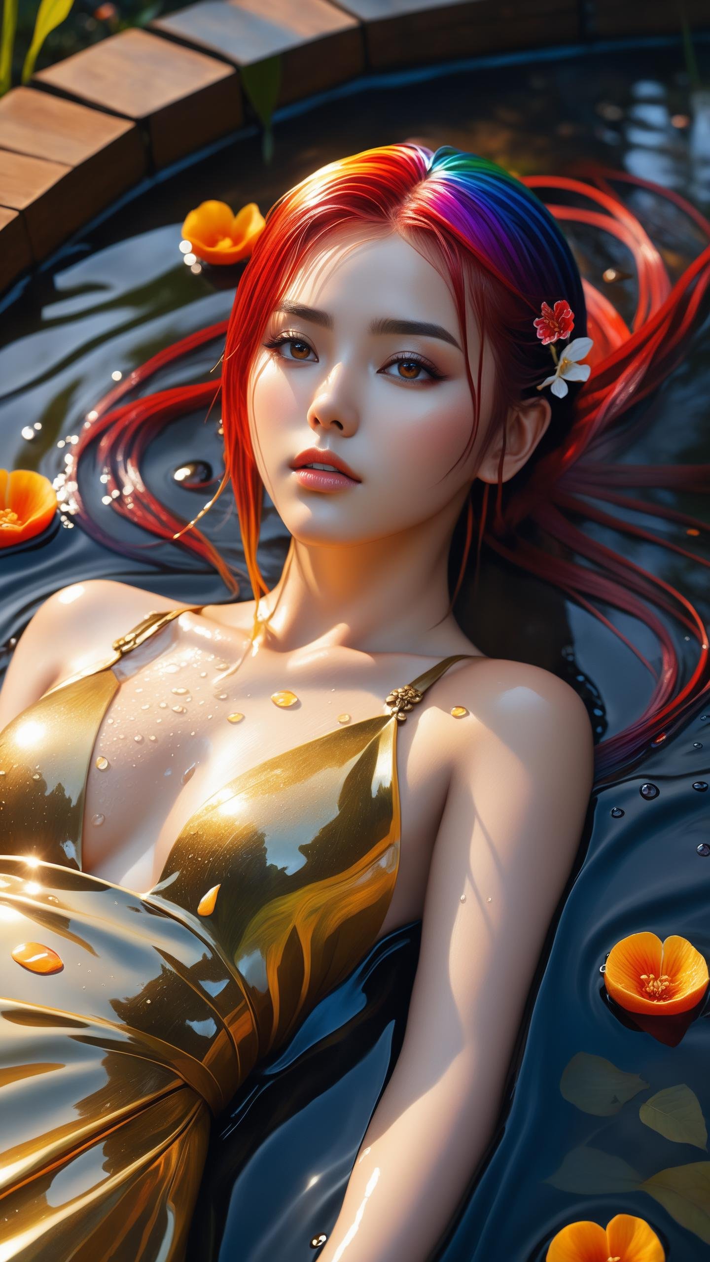 golden eye, 20 year old woman, realistic, detailed skin, Scandivian, gold goth, natural flower background, the fruit of death, (Highest picture quality), (Master's work), (ultra-detailed), the portrait is centered, 1girl, raiden shogun, nsfw, (wet clothes), blush, bare hips, (sheer shirt), (from above:1.7), (translucent dress), water drop, (rain), (outdoors), stained, wet hair, wet dress, wet, scenery, (long hair), nature background, close up, ((on back)), water, lying in water, masterpiece, best quality, ultra high res, highly detailed, (abstract expressionism art:1.4), [girl | fire ghost:10], love, sparking fire red eyes, dark rainbow theme, colorful, visually stunning, beautiful, gorgeous, emotional, intricate, perfect shading, rainbow hair