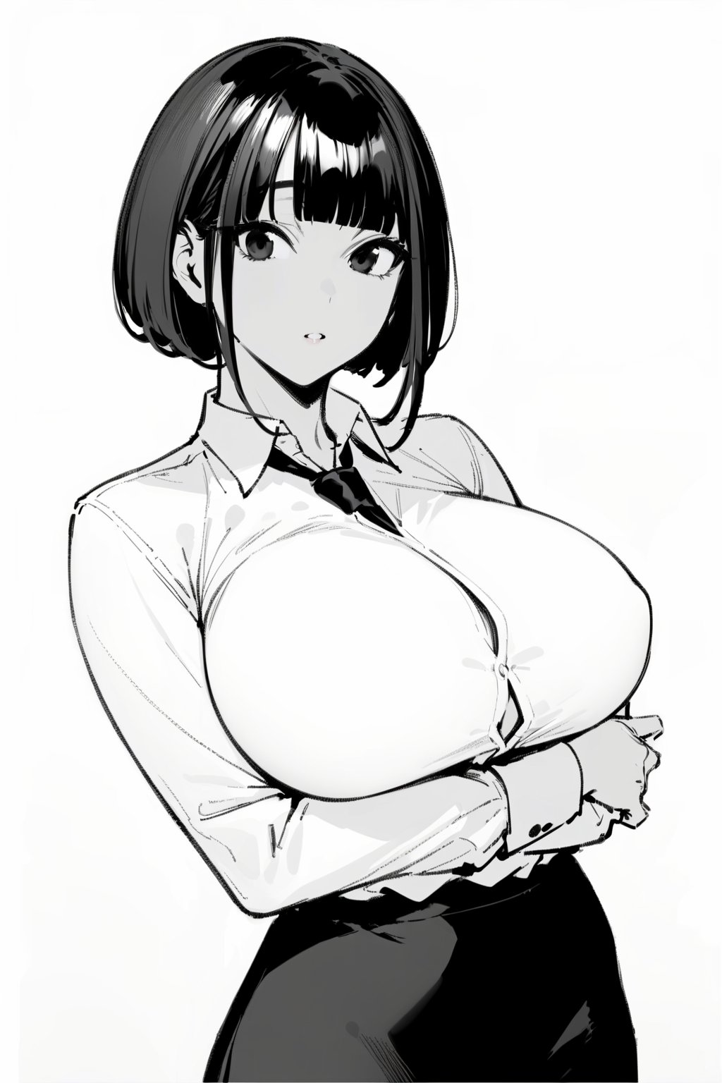 masterpiece, best quality, highres, (Gray-scale), perfect face, (1girl), (solo), (upper body), (broad shoulders, big breasts, wide pelvis, slender, skinny, black eyes, black bob-cut hair, bangs, pale skin), (school uniform, black skirt without wrinkles, white shirt, black stockings, black necktie, long sleeves), looking_at_viewer,ZKTR