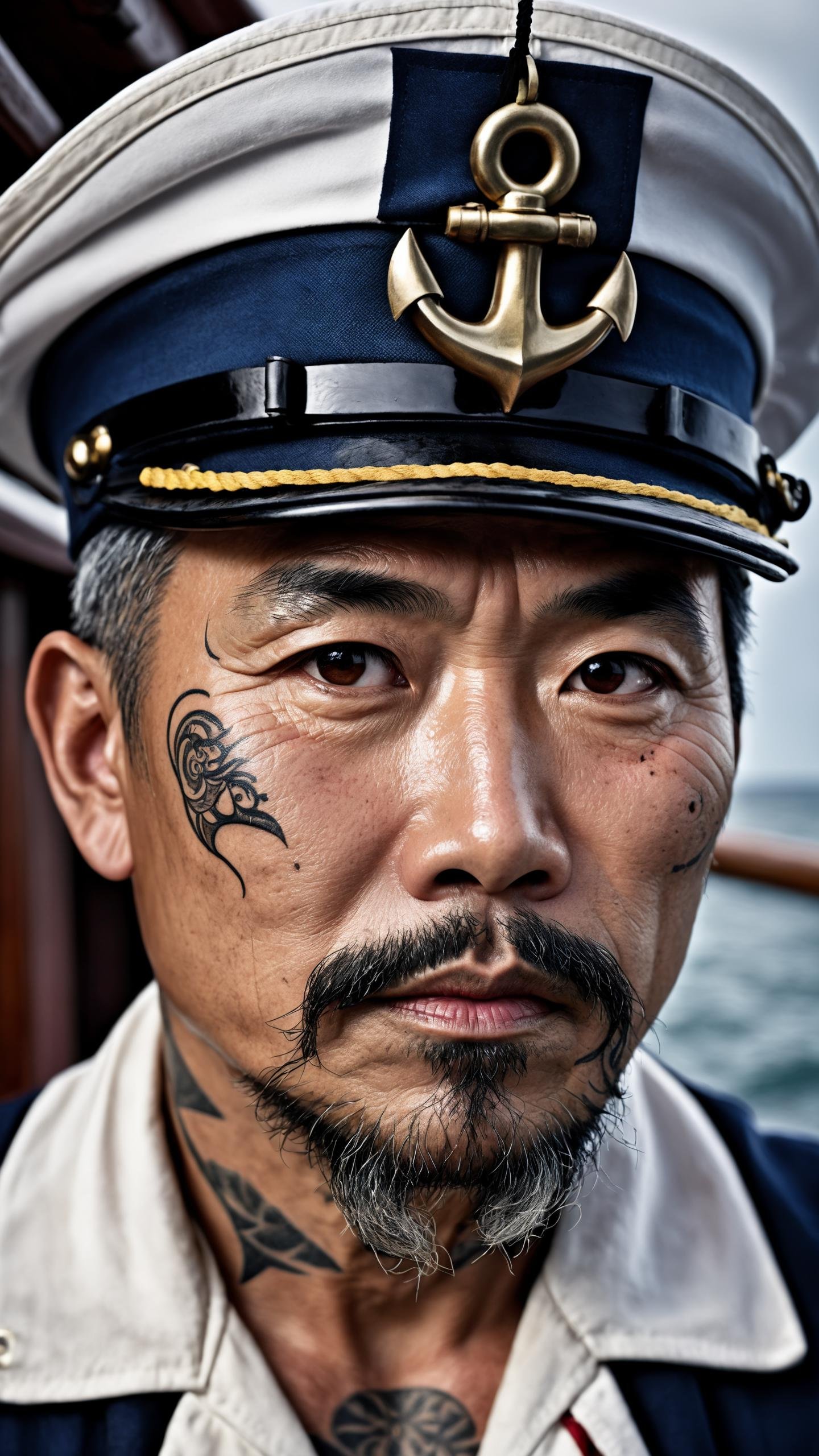 Hyper detailed photo of a captivating portrait of a wise and weathered middle aged sailor, photo of a sailor, ultra realistic photo, 44years old asian male, goatee, adorned with nautical tattoos and a rugged expression that tells tales of countless voyages, award winning realistic photograph by the world best portrait photographer, overcast day, vivid fantasy colors, nikon, award winning, breathtaking, groundbreaking, superb, outstanding, lens culture landscape awards, photoshopped, evenly lit features, 8k, hi res