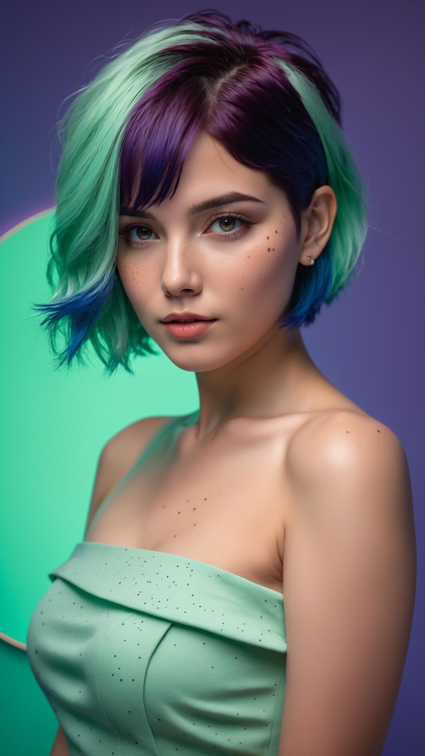 (masterpiece, best quality, ultra realistic, 32k, RAW photo, detail skin, 8k uhd, dslr, high quality, film grain:1.1), short hair, Electric blue hair:1.1, portrait, lady, brown eyes, deep purple Off-the-shoulder top/dress, freckles, (Mint green gradient background, led light, edge light, simple background)