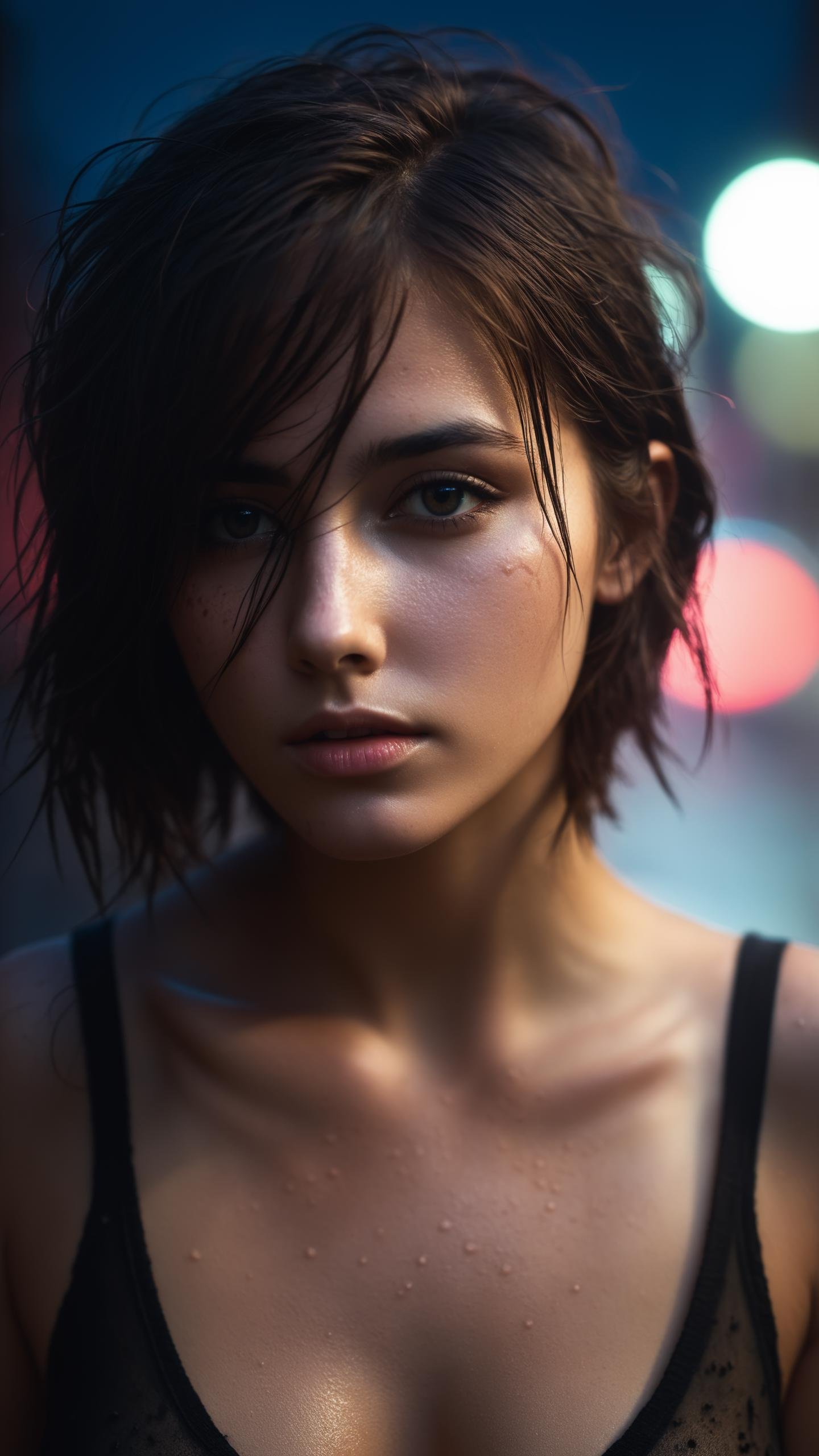 city street, neon, fog, volumetric, closeup portrait photo of young italian woman in dark clothes, (messy hair:0.3), (naked breast), (shot from distance), (dirty body:1.6), Indifferent, (body sweat), (wet body), tank top, depth of field, (gorgeous:1.2), detailed face, dark theme, Night, soothing tones, muted colors, high contrast, (natural skin texture, hyperrealism, soft light, sharp), (freckles:0.3), (acne:0.3), Cannon EOS 5D Mark III