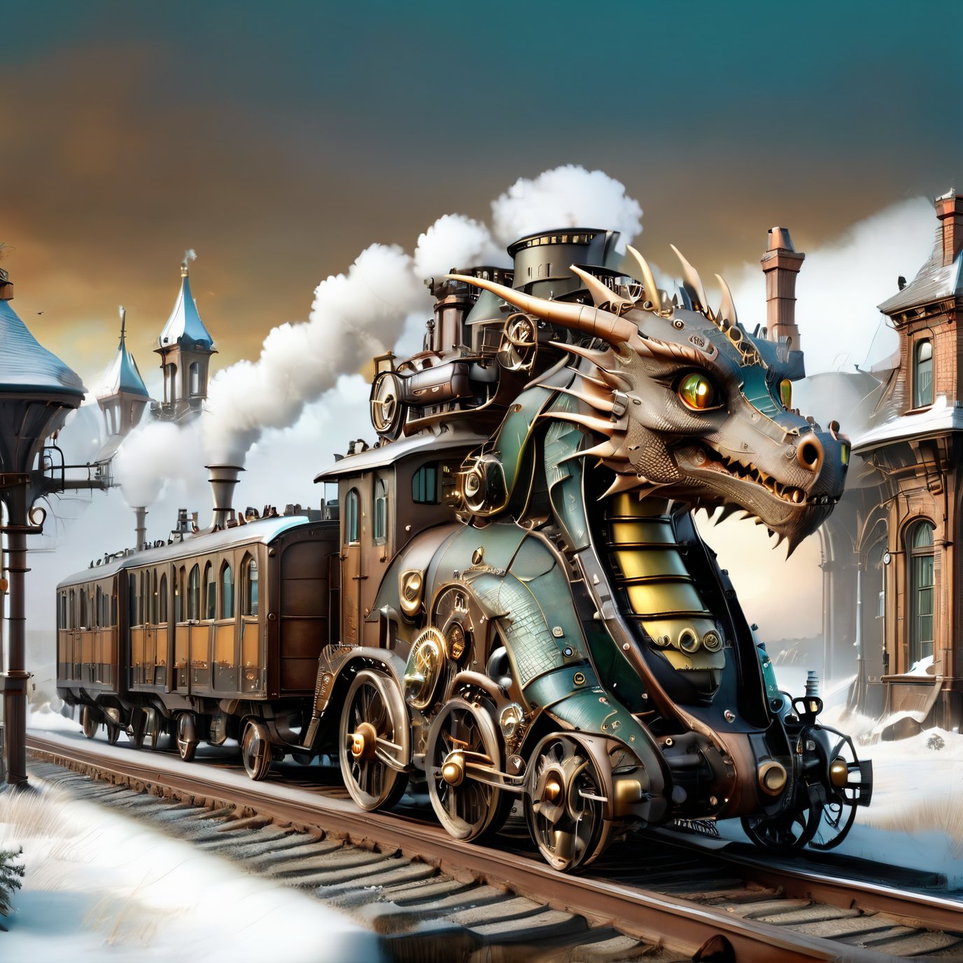 realistic photo of dragon train,  a steampunk style,  (masterpiece) by レオナルドくま on Tensor.Art