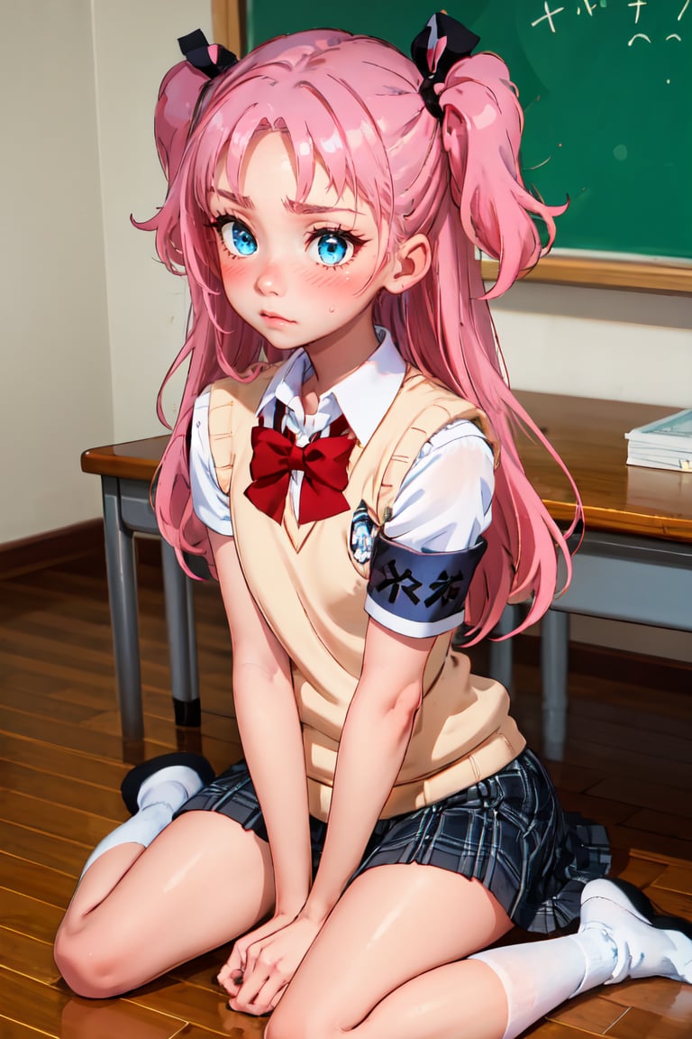 Masterpiece, best quality,solo,(long hair:1.5),blush,blue eyes,skirt,1boy,bow,ribbon,twintails,sitting,school,uniform,hair ribbon,pink hair,male focus,socks,two side up,plaid,plaid skirt,wariza,otoko no ko,armband,sweater vest,crossdressing,Hime