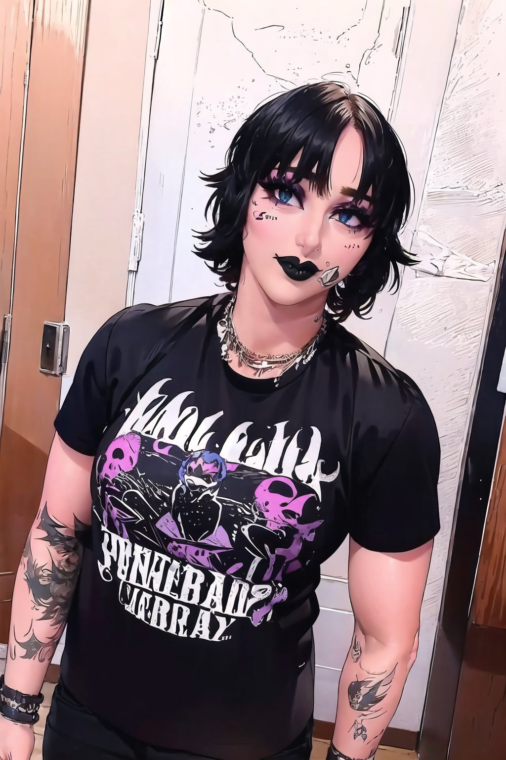 1girl, Rhea_Ripley, black hair, make-up, tattoo, arm tattoo, solo, black lips, lipstick, short hair,  black shirt, black pants, indoors, upper body, looking_at_viewer