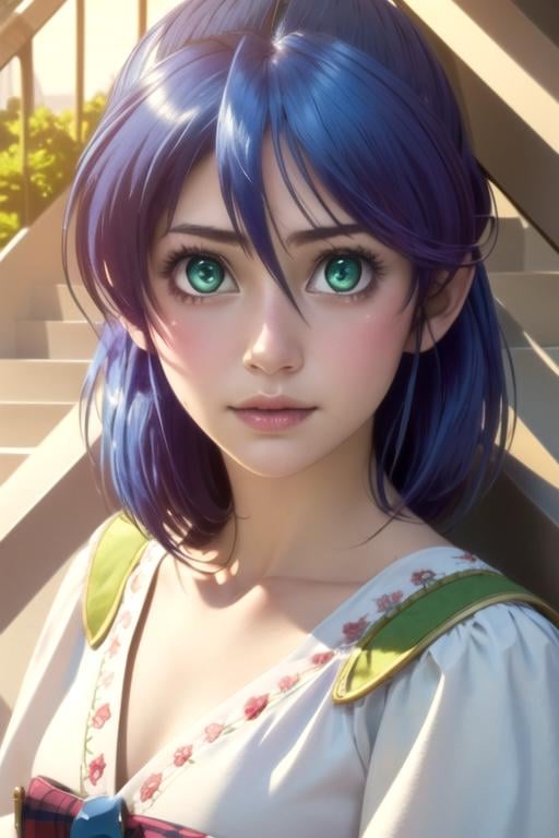 (best quality:1.1), (masterpiece:1.4), illustration, looking at viewer, , , , (semi-realistic:1.4), 1girl, solo, <lora:nagisa_aizawa:0.96>, nagisa_aizawa, blue hair, green eyes, , pilgrim costume, Xanadu: A magical kingdom ruled by a wise and benevolent queen,