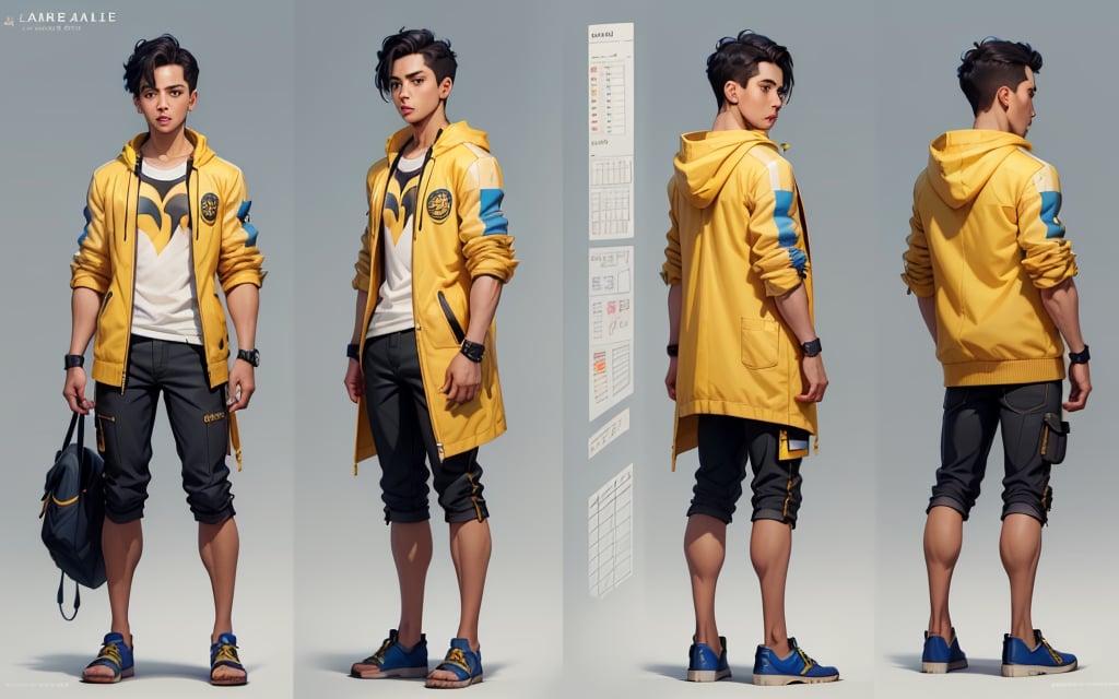 (masterpiece, best quality), boy, black hair, white shirt, yellow jacket, blue shorts, blue sandale, simple backgound, 

 character sheet, model sheet, turnaround, multiple views of the same character
