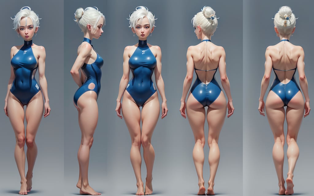 (masterpiece, best quality), 1girl, short white hair, blue one-piece swimsuit, barefoot, simple backgound
 character sheet, model sheet, turnaround, multiple views of the same character
