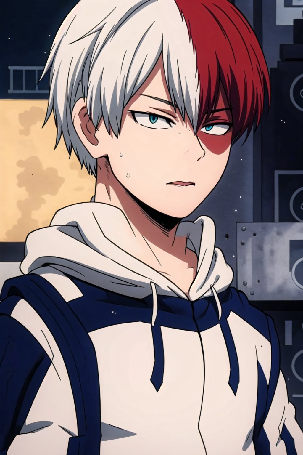 1boy,red and white hair, Short hair ,blue eyes, grey eyes, short hair, white hoodie, street, upper body ,Blue eyes,Grey eyes ,Red and white hair