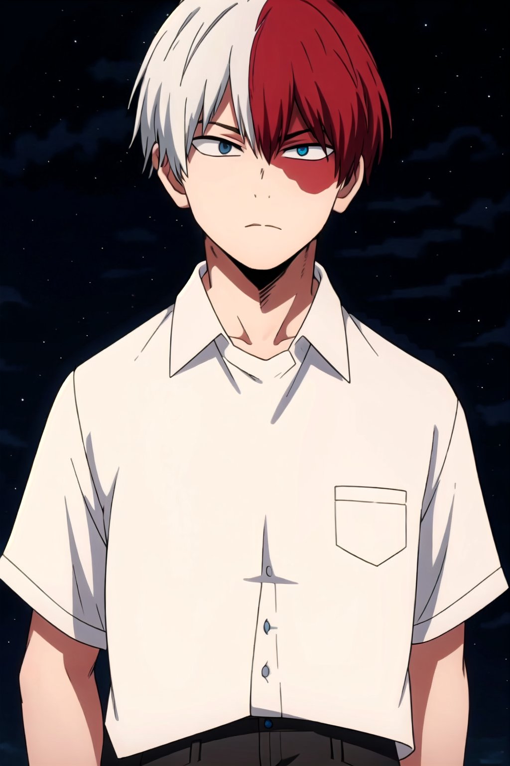 1boy,Blue eyes,Grey eyes ,Red and white hair, white shirt, standing, night sky, upper body 