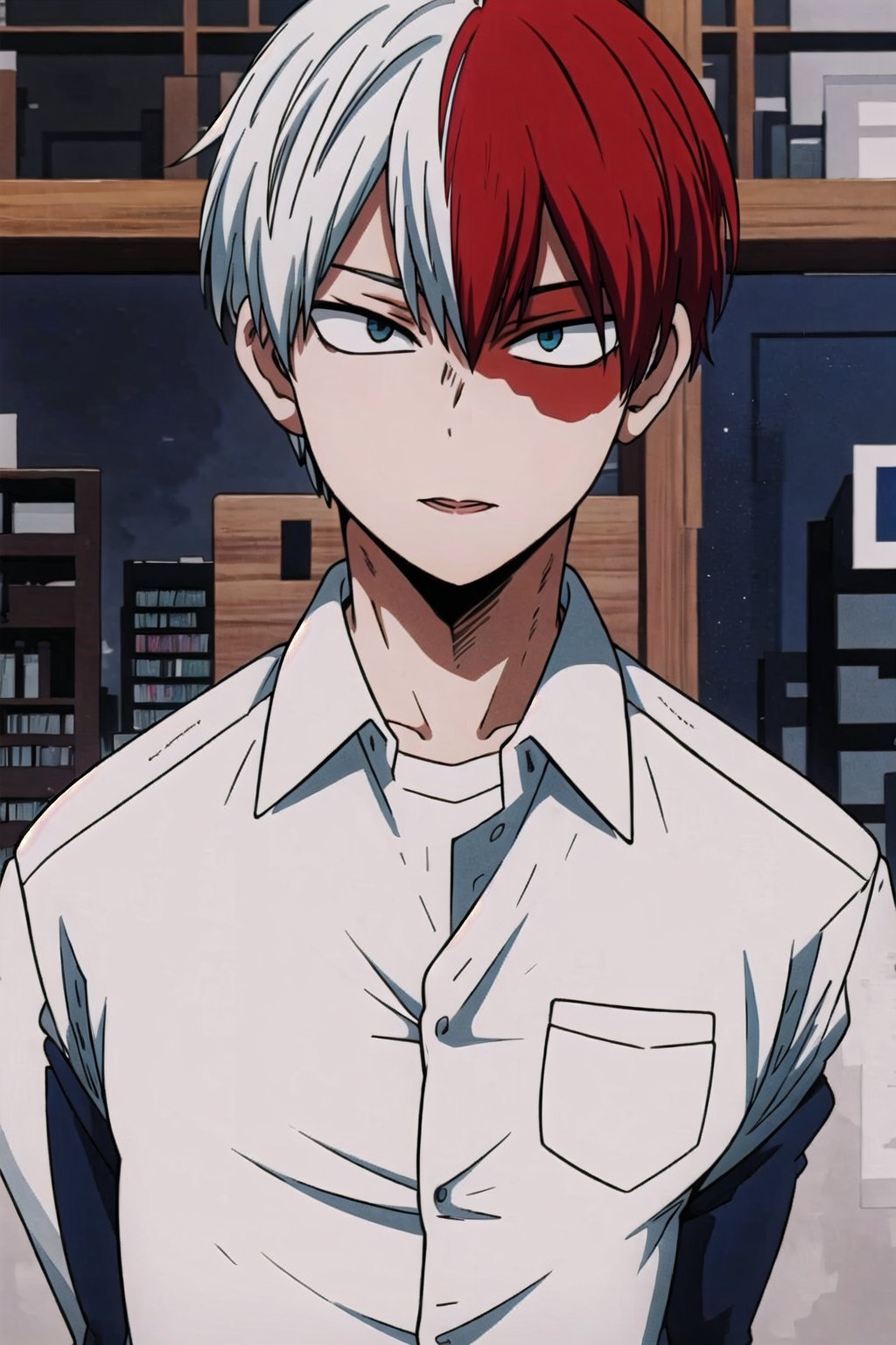 1boy,red and white hair, Short hair ,blue eyes, grey eyes, short hair, white shirt, library, upper body ,Blue eyes,Grey eyes ,Red and white hair