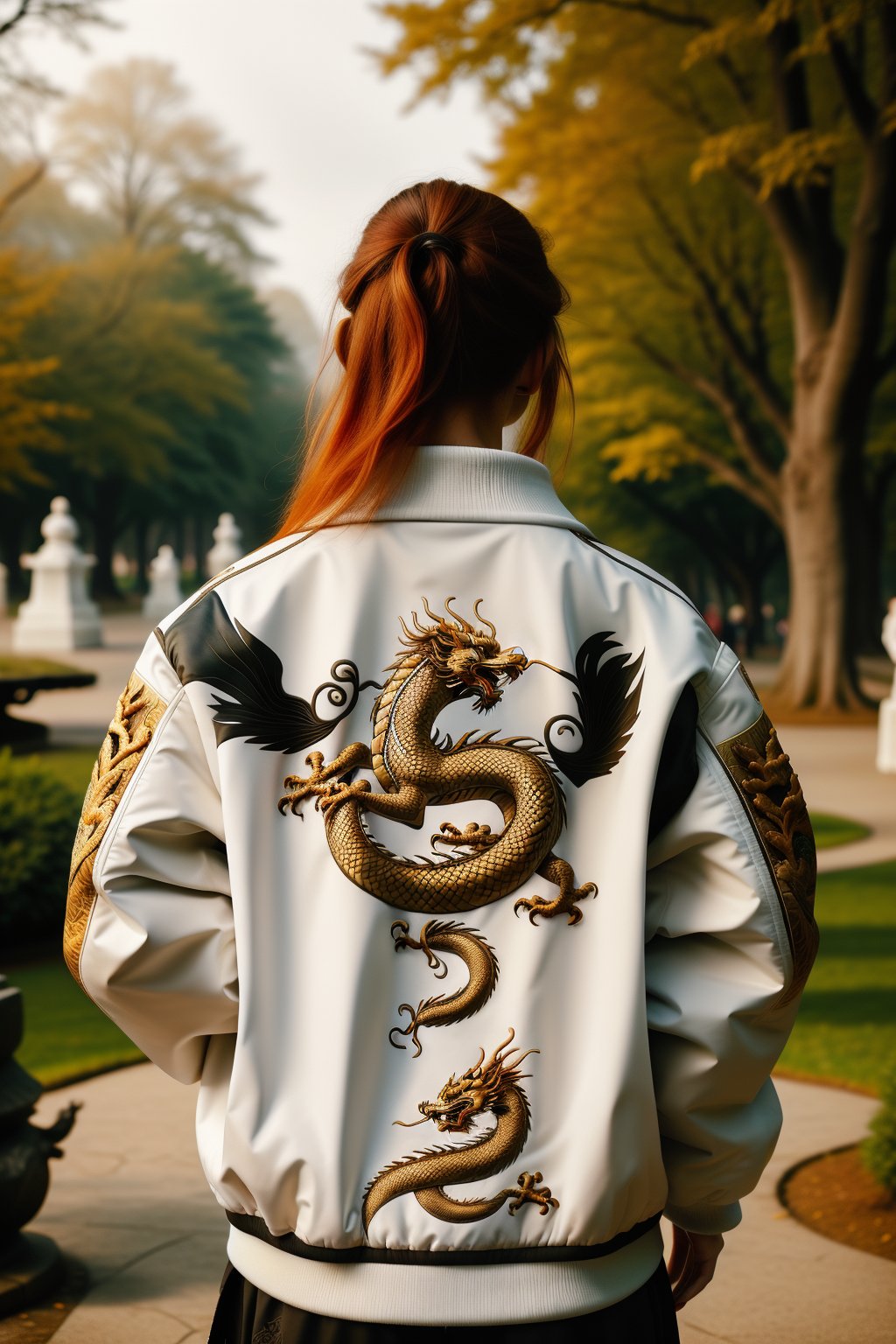 wo_dragonjacket02, upper body, from the back, a ginger woman wearing a white dragon jacket with a dragon on it, in the park, solo, 8k, masterpiece, award-winning photography, high resolution