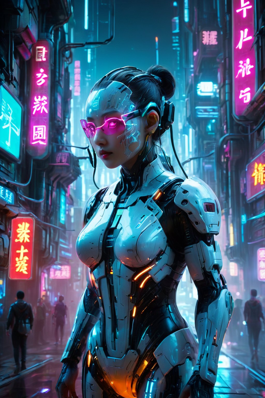 Mech-suited girl navigating through cyberpunk metropolis, glowing neon signs, (masterpiece:2), vivid details, high contrast, sprawling cityscape, Chinese Dragon, 