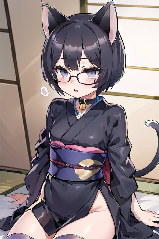 bedroom_background, high_resolution, best quality, extremely detailed, HD, 8K, 1_girl, solo, figure_sexy, hot, tall_girl, (small_breasts:1.2), (short_hair:2.0), (black_hair:2.0), (black_dress:2.0), (kimono:2.0), (grey_eyes), (waist:1.2), (cat_ears:2.0), ass,  sit_on_bed, blushing, cat_collar, (over_knee_stockings), (megane:1.5), (ahegao:1.0), ass, 