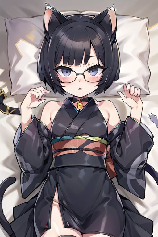 bedroom_background, high_resolution, best quality, extremely detailed, HD, 8K, 1_girl, solo, figure_sexy, hot, tall_girl, (small_breasts:1.2), (short_hair:2.0), (black_hair:2.0), (black_dress:2.0), (kimono:2.0), (grey_eyes), (legs:1.0), (waist:1.2), (cat_ears:2.0), ass,  sit_on_bed, blushing, cat_collar, (over_knee_stockings), (megane:1.5), (ahegao:1.0), lying_in_bed,