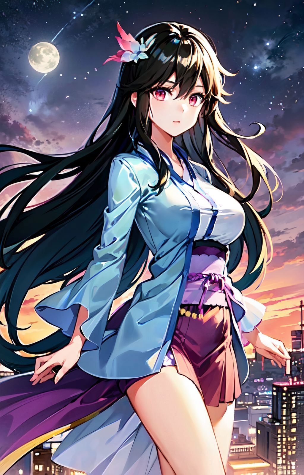 <lora:yaoyao:0.8>, 1girl, solo, black hair, long hair, bangs, pink eyes, large breasts, hanfu, bracer, hair ornament, facing viewer, (( cityscape, night sky, star \(sky\),  ))