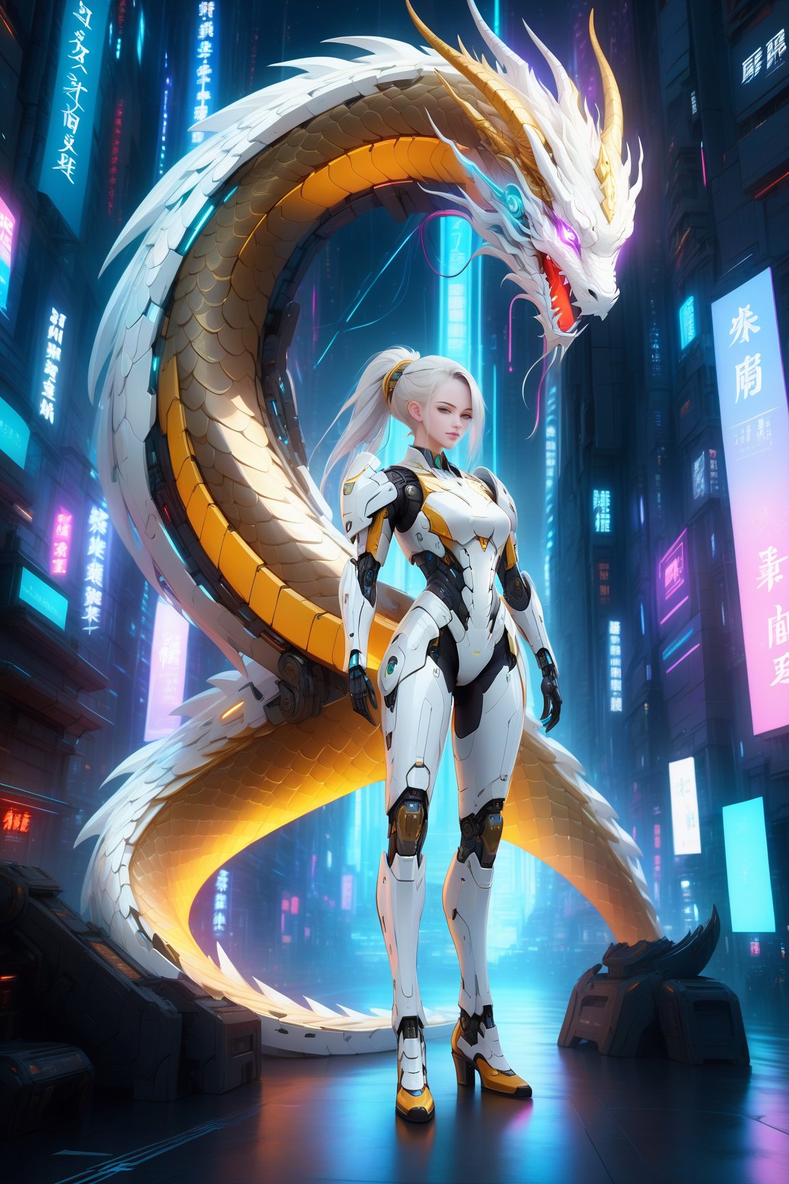 Full body portrait of a robot female with a human face and dragon skin, dragon scale pattern, holding a dragon head weapon, long white hair, dragon-themed attire, complex background featuring outer space, Chinese Dragon, Mecha, Cyberpunk elements, subdued lighting effects, not too bright, soft lighting, by FuturEvoLab, (masterpiece: 2), best quality, ultra highres, original, extremely detailed, perfect lighting