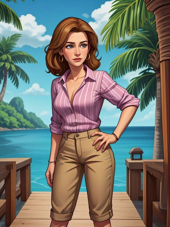 [ Brenda Strong|Elisabeth Shue], khaki pants, striped shirt, and boat shoes, A tropical environment with a party atmosphere and a lot of wealth  <lora:LCM_LoRA_Weights_SD15:1>