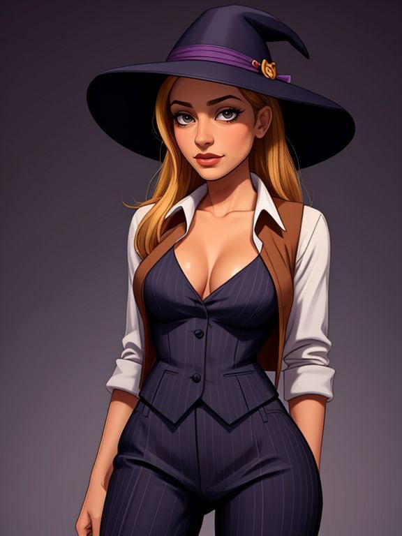 <lora:LCM_LoRA_Weights_SD15:1>[ Freida Pinto|Paris Hilton], button-up vest, pinstripe trousers, and fedora hat, a secret society of witches in modern times 