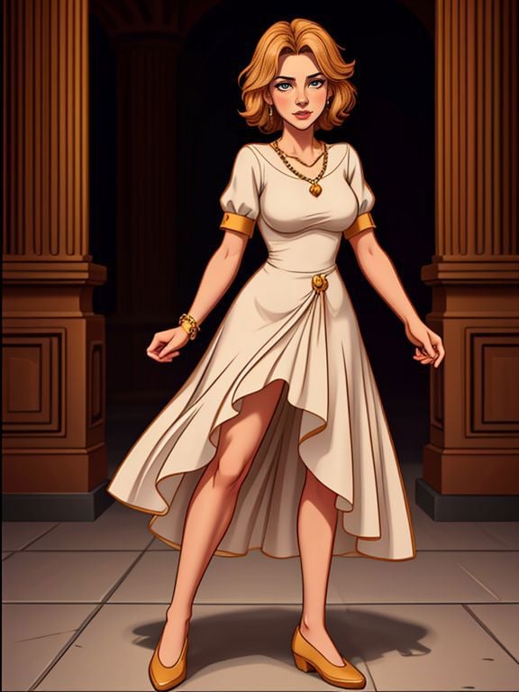 <lora:LCM_LoRA_Weights_SD15:1>[ Alberta Watson|Meg Ryan], midi dress, gold chain necklace, and espadrilles, a cursed prince must save his kingdom 