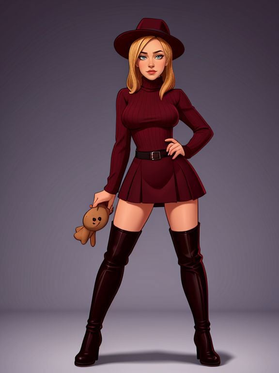 <lora:LCM_LoRA_Weights_SD15:1>[ Alexis Texas|Courtney Thorne-Smith], corduroy skirt with a ribbed turtleneck and a pair of knee-high boots, finished with a wool fedora, a parallel dimension of giant monsters  