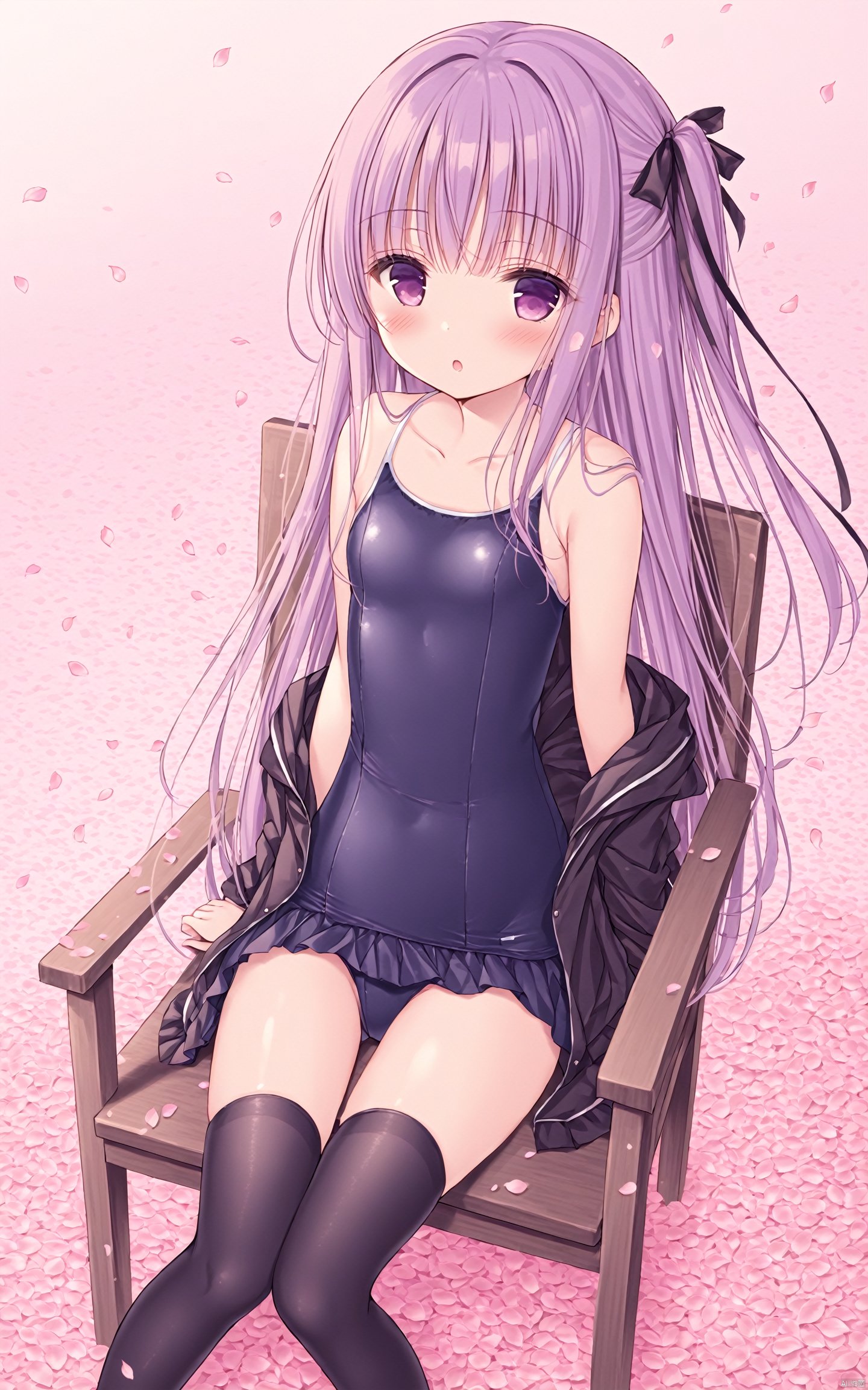  (masterpiece),(best quality),1girl, thighhighs, swimsuit, school swimsuit, solo, sitting, black thighhighs, one-piece swimsuit, purple eyes, purple hair, swimsuit under clothes, one side up, long hair, dress, petals, chair, open clothes, ribbon, blush, :o, off shoulder