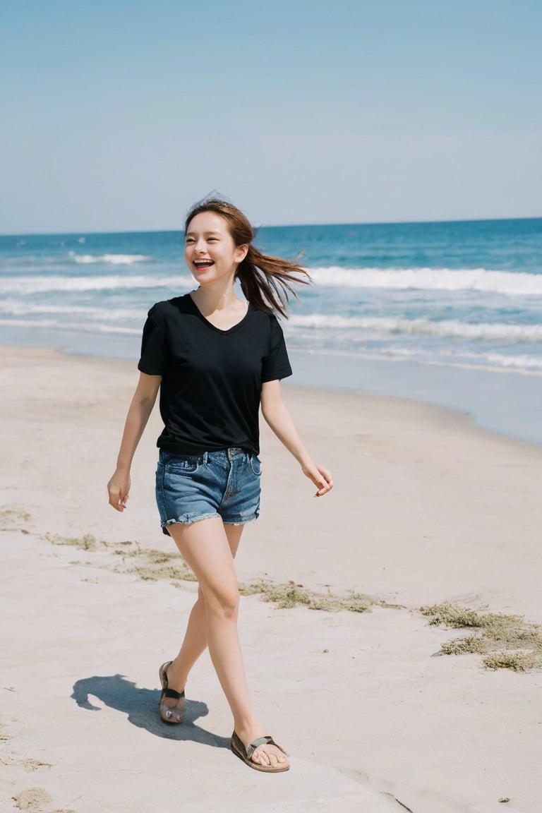 dal, photo,  1girl, solo, long hair, smile, open mouth, brown hair, shirt, holding, standing, full body, ponytail, short sleeves, outdoors, sky, shoes, shorts, barefoot, day, black shirt, bare legs, shadow, ocean, beach, sandals, denim, walking, blue shorts, denim shorts, sand, shoes removed, photo background, holding shoes