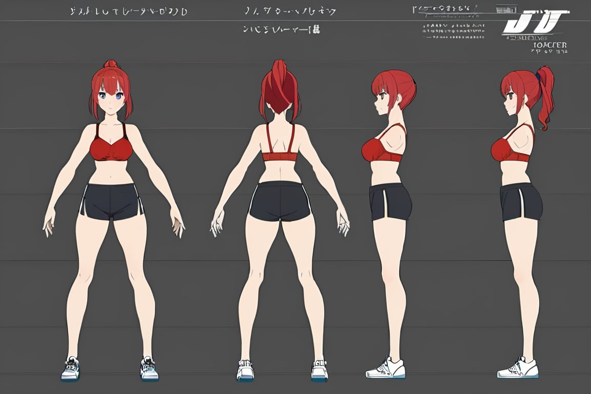 masterpiece, best quality), 1girl, , red ponytail, red sport bra, black shorts, white sneakers, simple background,

character sheet, model sheet, turnaround, multiple views of the same character,


 character sheet, model sheet, turnaround, multiple views of the same character
,multiple views of the same character