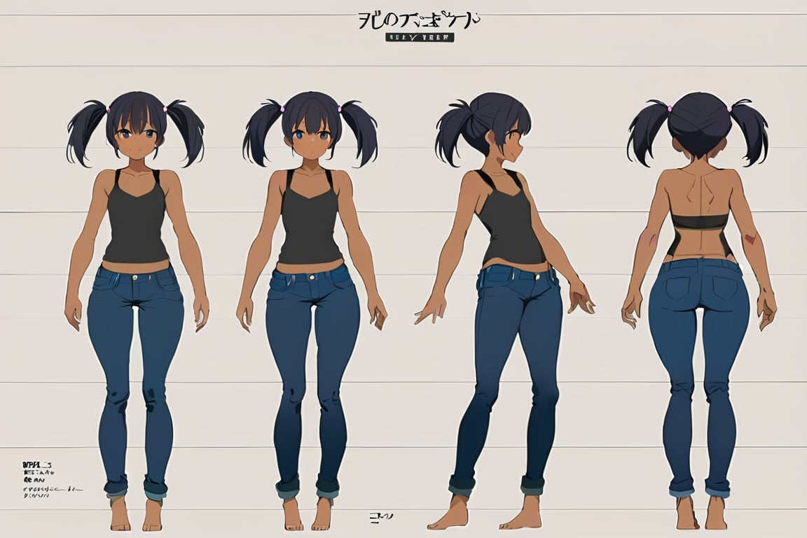 (masterpiece, best quality), 1girl, tan skin, (black hair, pigtails), flat chest, black tank, short jean, simple backgound


 character sheet, model sheet, turnaround, multiple views of the same character
,multiple views of the same character