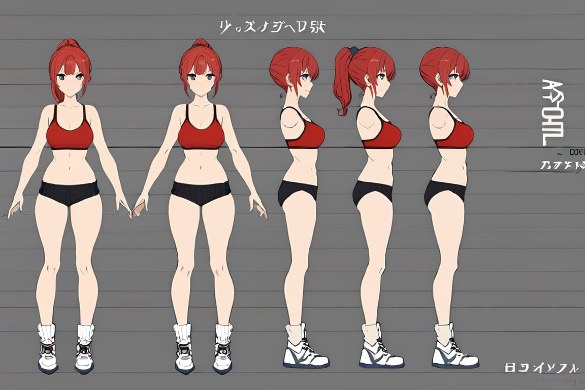 (masterpiece, best quality), 1girl, , red ponytail, red sport bra, black shorts, white sneakers, simple background, 

character sheet, model sheet, turnaround, multiple views of the same character,


 character sheet, model sheet, turnaround, multiple views of the same character
,multiple views of the same character