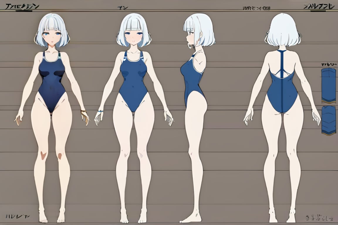 (masterpiece, best quality), 1girl, short white hair, blue one-piece swimsuit, barefoot, simple backgound



character sheet, model sheet, turnaround, multiple views of the same character,


 character sheet, model sheet, turnaround, multiple views of the same character
,multiple views of the same character