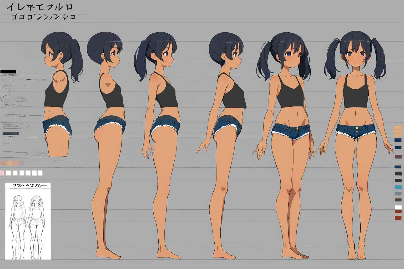 (masterpiece, best quality), 1girl, tan skin, (black hair, pigtails), flat chest, black tank, short jean, simple backgound


 character sheet, model sheet, turnaround, multiple views of the same character
,multiple views of the same character