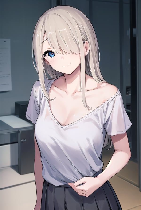 rumitakahashi, <lora:rumi takahashi manga-lora-nochekaiser:1>,rumi takahashi, long hair, (hair over one eye:1.5), blonde hair, (grey eyes:1.3), smile, seductive smile,BREAK skirt, shirt, collarbone, short sleeves, pleated skirt,BREAK indoors,BREAK looking at viewer, (cowboy shot:1.5),BREAK <lyco:GoodHands-beta2:1>, (masterpiece:1.2), best quality, high resolution, unity 8k wallpaper, (illustration:0.8), (beautiful detailed eyes:1.6), extremely detailed face, perfect lighting, extremely detailed CG, (perfect hands, perfect anatomy),