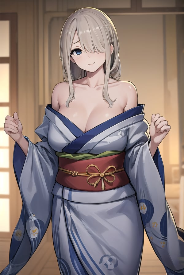 rumitakahashi, <lora:rumi takahashi manga-lora-nochekaiser:1>,rumi takahashi, long hair, (hair over one eye:1.5), blonde hair, (grey eyes:1.3), smile, seductive smile,BREAK bare shoulders, collarbone, sidelocks, japanese clothes, kimono, off shoulder, sash, obi,BREAK indoors,BREAK looking at viewer, (cowboy shot:1.5),BREAK <lyco:GoodHands-beta2:1>, (masterpiece:1.2), best quality, high resolution, unity 8k wallpaper, (illustration:0.8), (beautiful detailed eyes:1.6), extremely detailed face, perfect lighting, extremely detailed CG, (perfect hands, perfect anatomy),