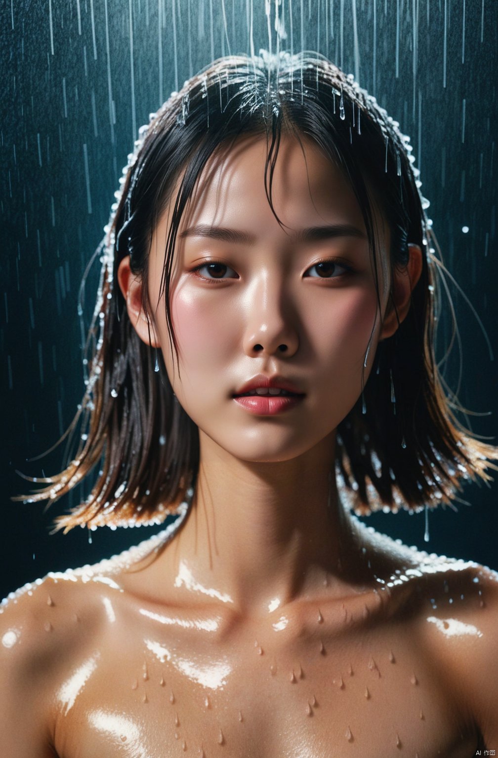  photographic of a Chinese girl wet T-shirt water drops, splash detailed, surreal dramatic lighting shadow (lofi, analog), kodak film by Brandon Woelfel Ryan McGinley