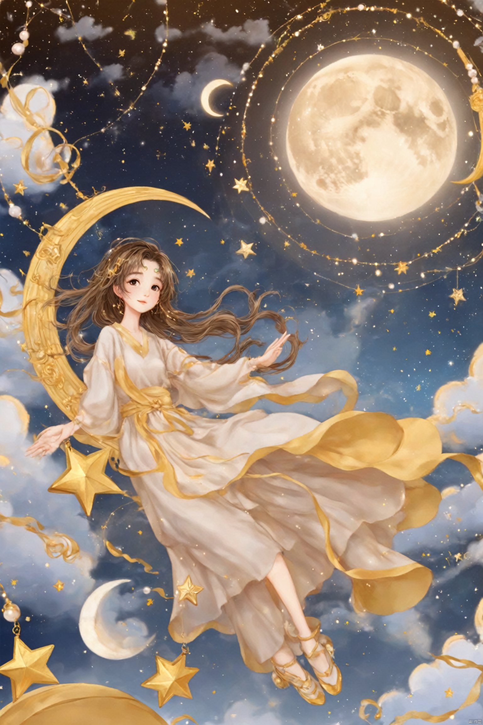  Illustration style, hand-painted style, childlike, dreamy, stars, soft, clouds, moon, hairball, decoration, lovely, great works, 8k, movie texture, movie cg, clear details, rich picture, miji, tongxin