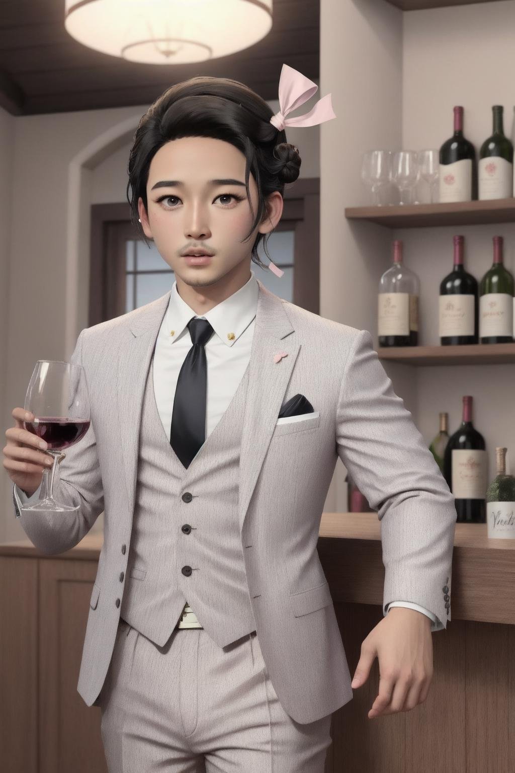 nezuko,1boy, solo,cowboy shot,black hair, (single hair bun),purple eyes,white pupils,ponytail,pink hair ribbon,grey suit, grey blazer, grey pants, white collared shirt,black necktie,bar, night, indoors, shelf, wine bottle,holding drinking glass,(stubble:1.2), (best quality, masterpiece) <lora:nezukorps_v1:1>  <lora:hipoly_3dcg_v7-epoch-000012:0.5> 