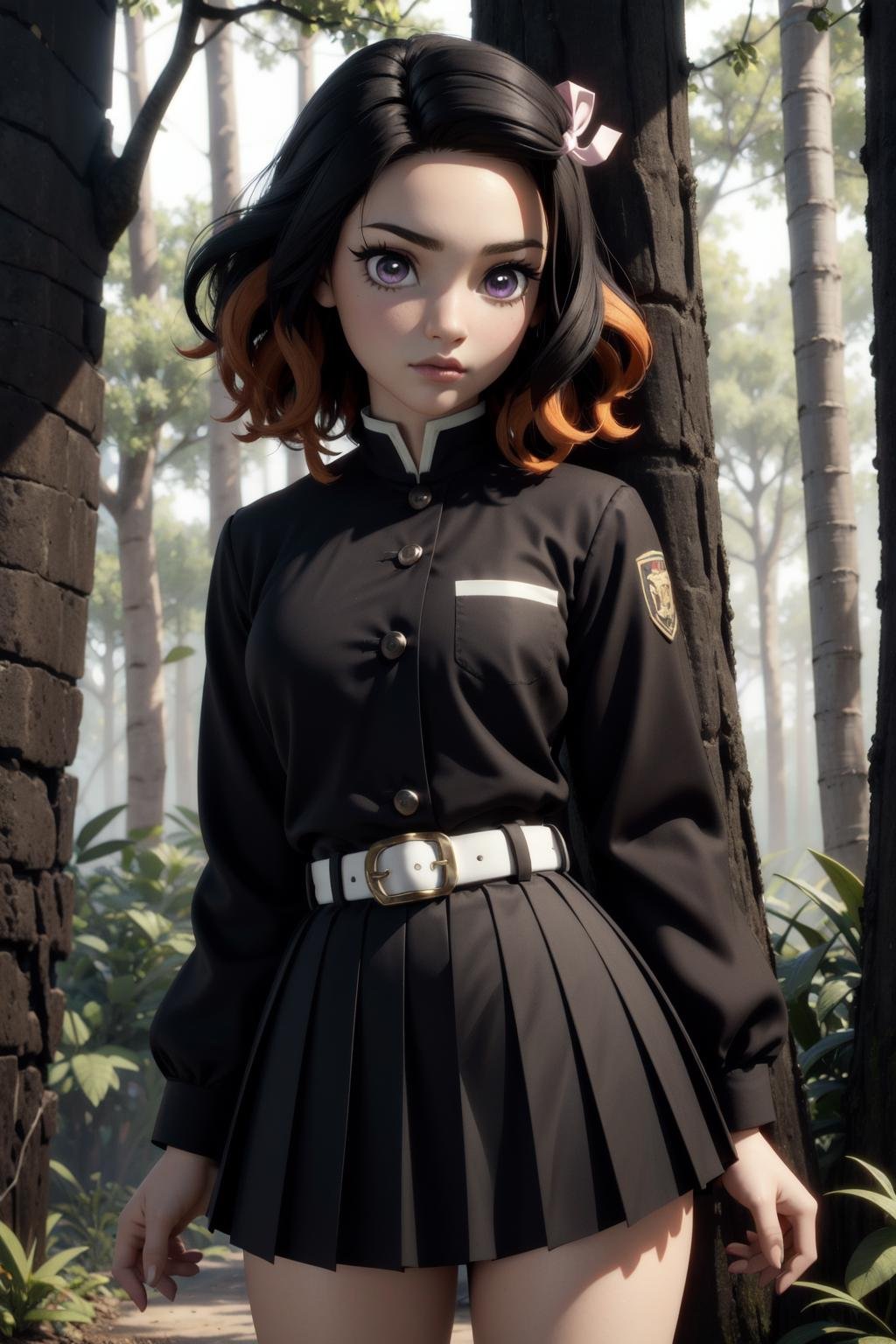 nezukorps,  1girl,solo,purple eyes, white pupils, black hair,medium hair,two-tone hair,looking at viewer,demon slayer uniform,black jacket, black pleated skirt,pink hair ribbon,white belt, cowboy shot,japanse forest,(Maya 3d render:1.05), (masterpiece:1.3), (hires, high resolution:1.3), subsurface scattering <lora:nezukorps_v1:1> 