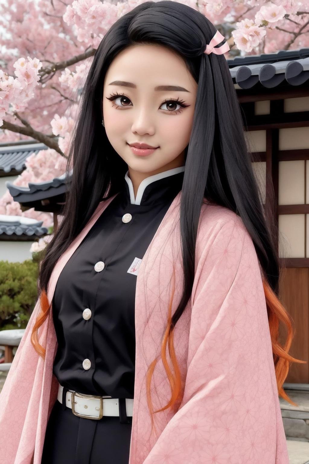 nezukorps,1girl, solo,upper body, black hair,purple eyes, white pupils,long hair, (two-tone hair:1.1),white belt, sheath,demon slayer uniform,black jacket, black pants, pink haori, asa no ha \(pattern\),pink hair ribbon,slight smile,looking at viewer,japanese arquitecture, town in the background, sky, pink petals,katana,(best quality, masterpiece)  <lora:nezukorps_v1:1> 