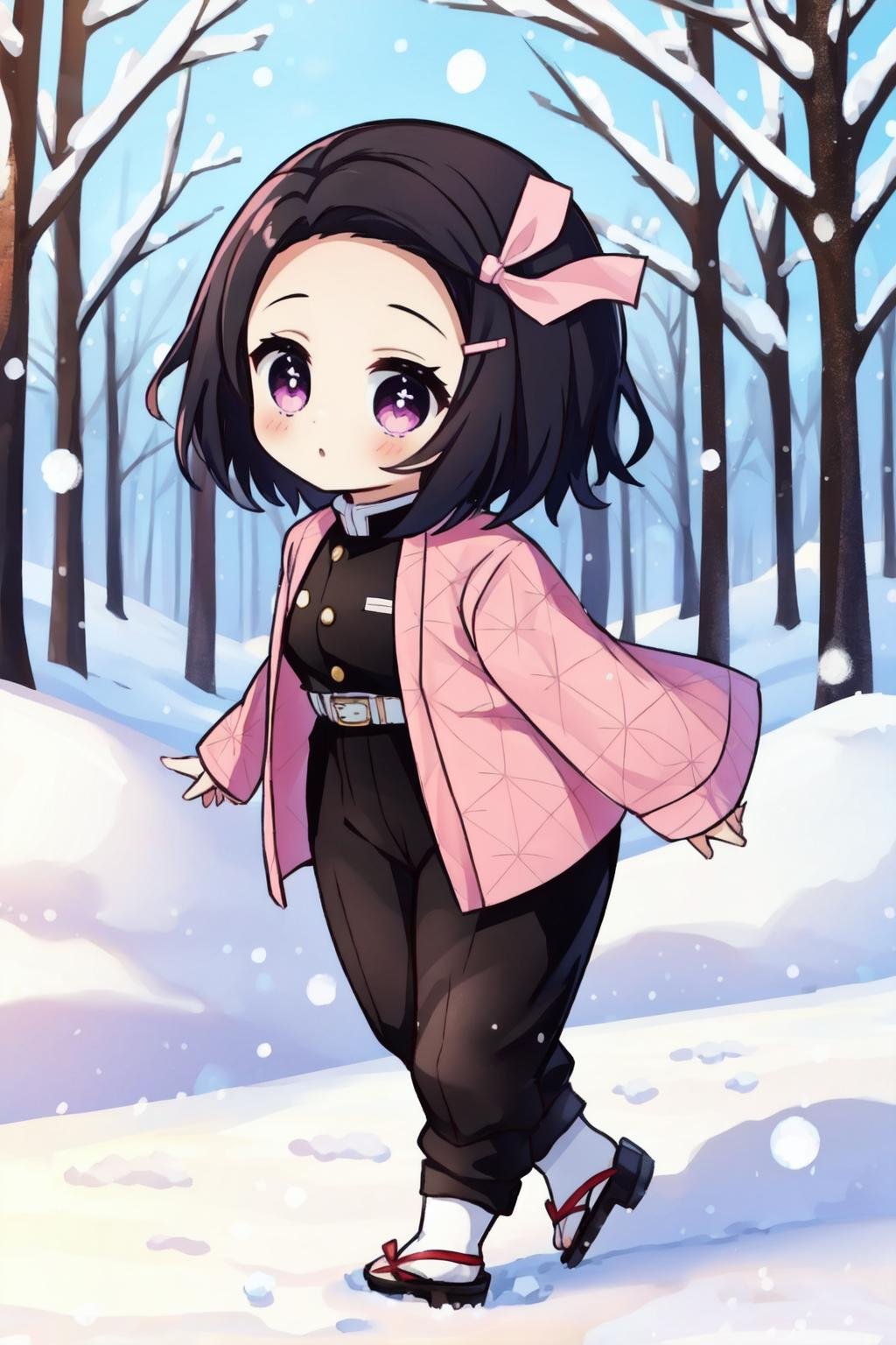 nezukorps,1girl, solo,full body, black hair,purple eyes, white pupils,short hair,white belt, sheath,demon slayer uniform,pink haori,(black jacket,black topwear, black pants), white socks, sandals, asa no ha \(pattern\),pink hair ribbon,walking,looking at viewer,forest, snow, snowing,(best quality, masterpiece)  <lora:nezukorps_v1:1>