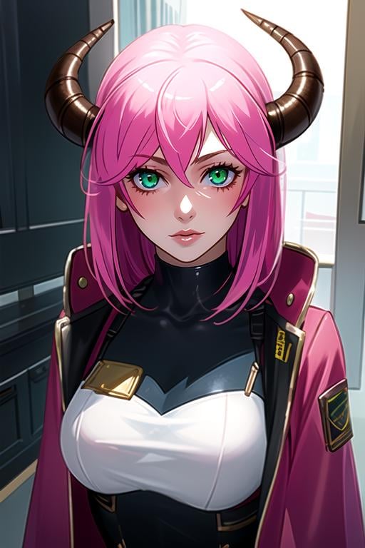 (best quality:1.1), (masterpiece:1.4), , , , , , (semi-realistic:1.4), 1girl, solo, <lora:akane_koumoto:0.74>, akane_koumoto, pink hair, green eyes, , horns, knight costume, science fiction cyberpunk, 16k resolution