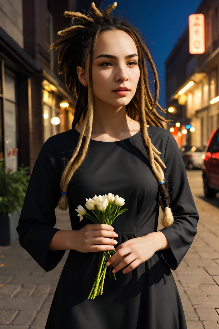 Dreadlocks hairstyles, 1girl,8k wallpaper,extremely detailed figure, amazing beauty, detailed characters, indoor,black dress, holding flowers, light and shadow, depth of field, light spot, reflection,upper body,nigth,street