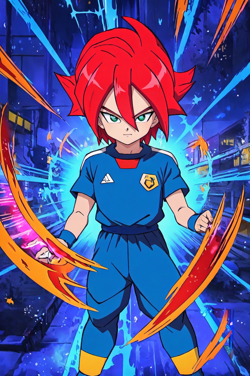 ,dokansyle, aura, electricity, energy,son goku, light particles, Xavier Foster, 1boy, solo, male focus, red hair, dark green eyes, soccer uniform