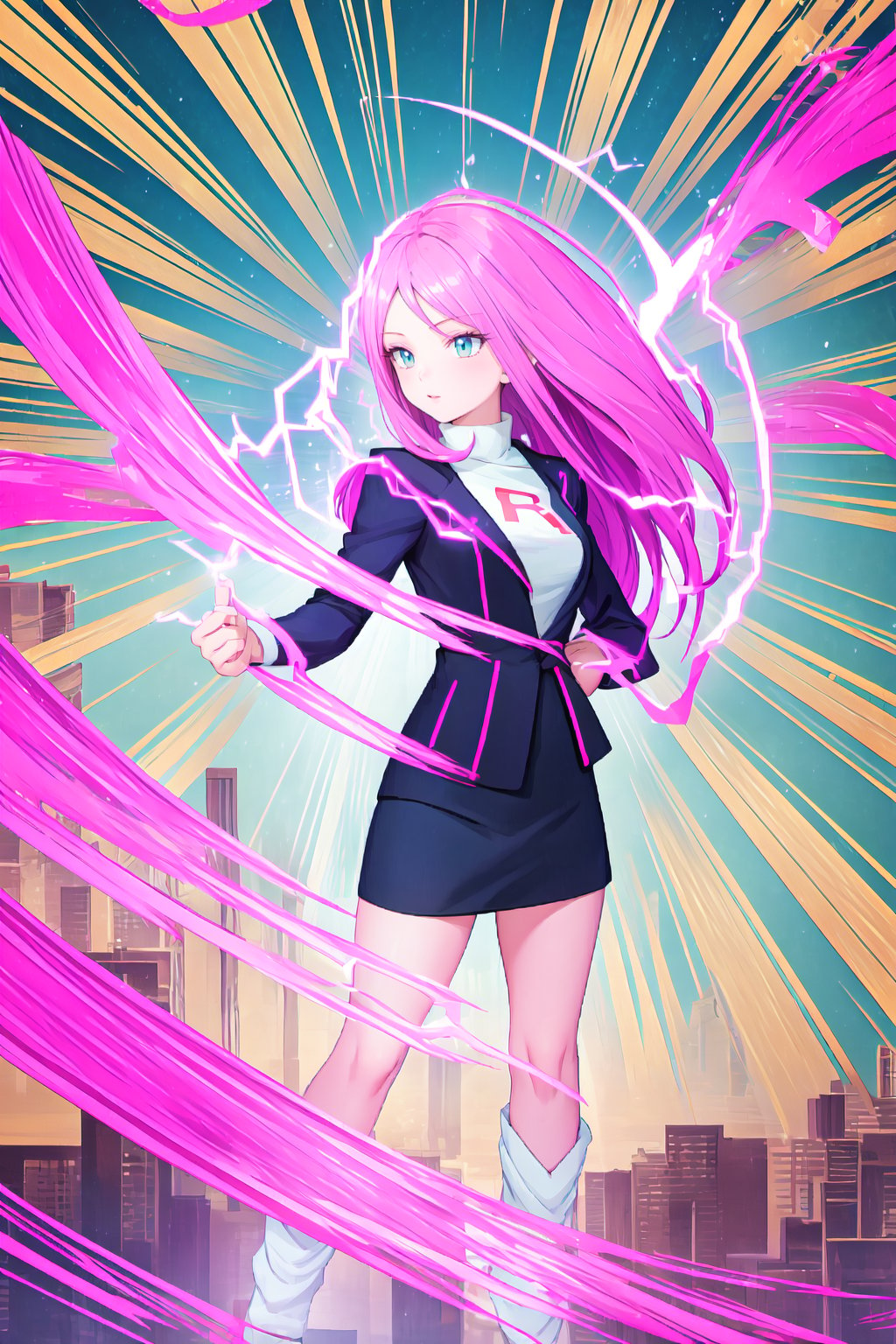 ,dokansyle, aura, electricity, energy,jessie pokemon,masterpiece, 1girl, pink hair, long hair, solo