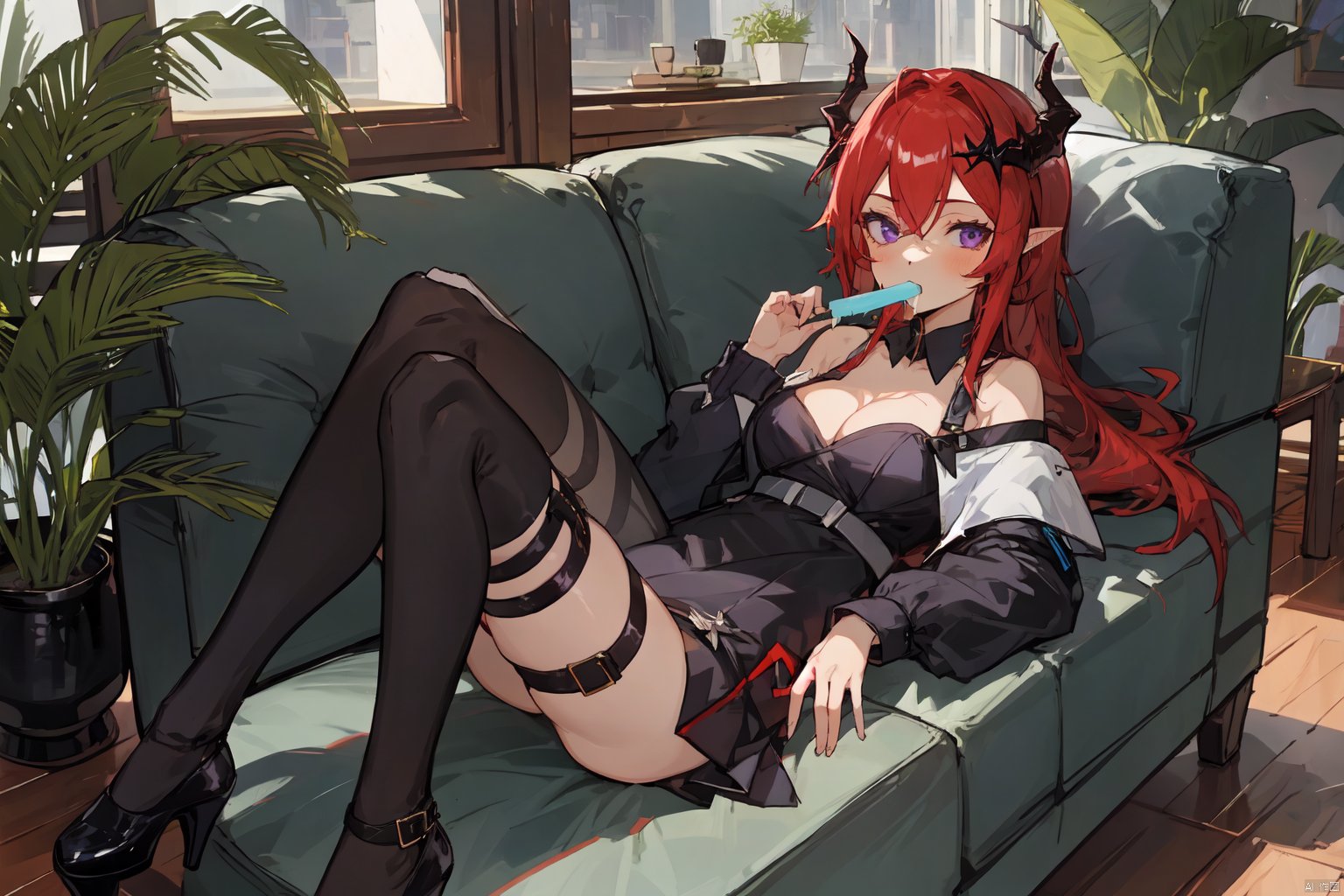 1girl, solo, long hair, breasts, looking at viewer, bangs, thighhighs, long sleeves, dress, holding, cleavage, hair between eyes, bare shoulders, medium breasts, purple eyes, red hair, lying, food, horns, black thighhighs, indoors, on back, off shoulder, black footwear, black dress, high heels, thigh strap, detached collar, mouth hold, short dress, table, plant, demon horns, couch, knees up, popsicle, potted plant, food in mouth, on couch, chest strap, surtr \(arknights\)