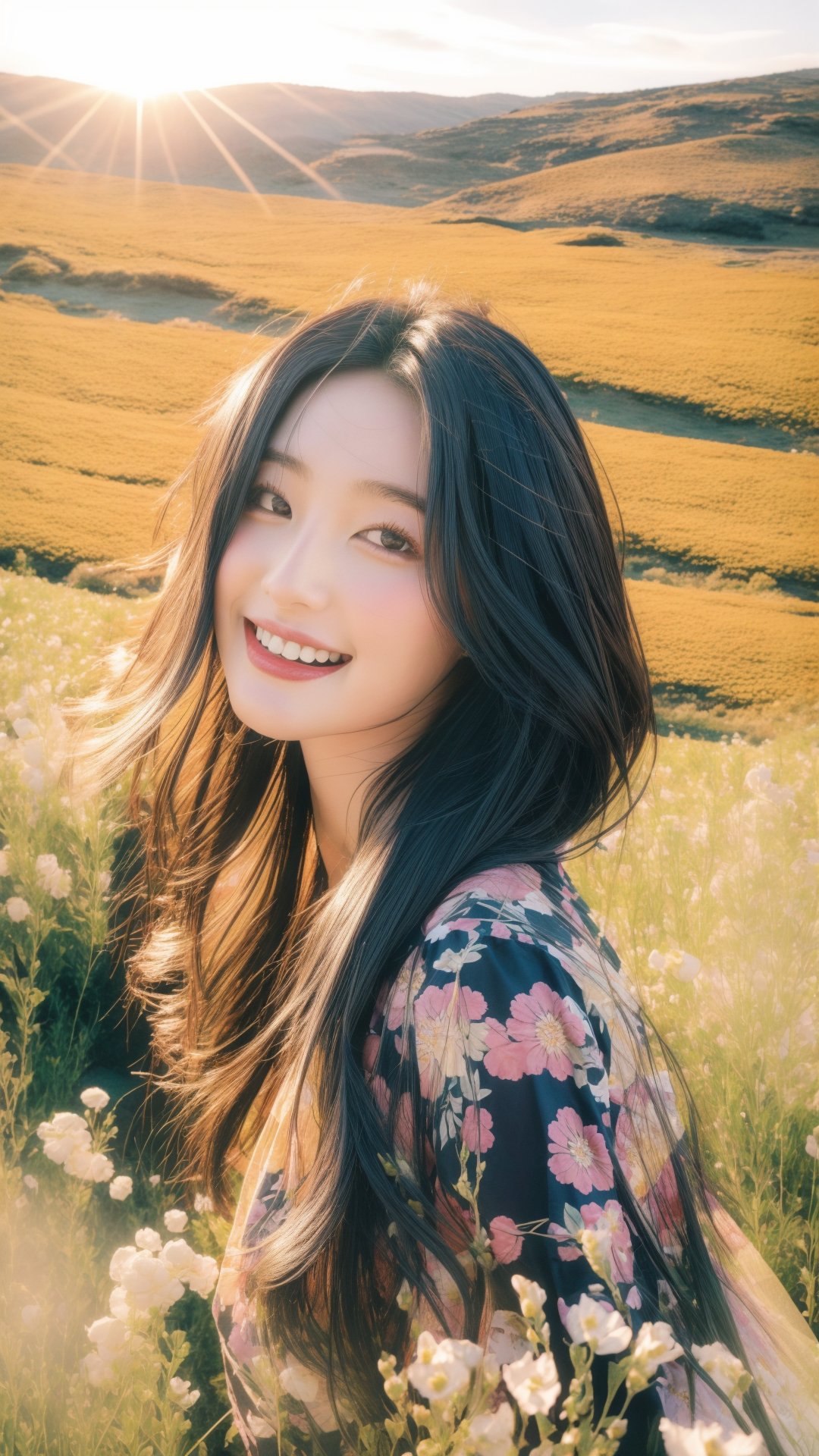 Masterpiece, Best Quality, highres, 1girl, Lush meadow, portrait angle. Youthful girl with windswept black hair, floral silk dress flowing in the breeze, laughing amidst a cascade of colorful wildflowers. Golden lighting, soft focus, high emotion,Realism,Detailedface,Portrait,Raw photo