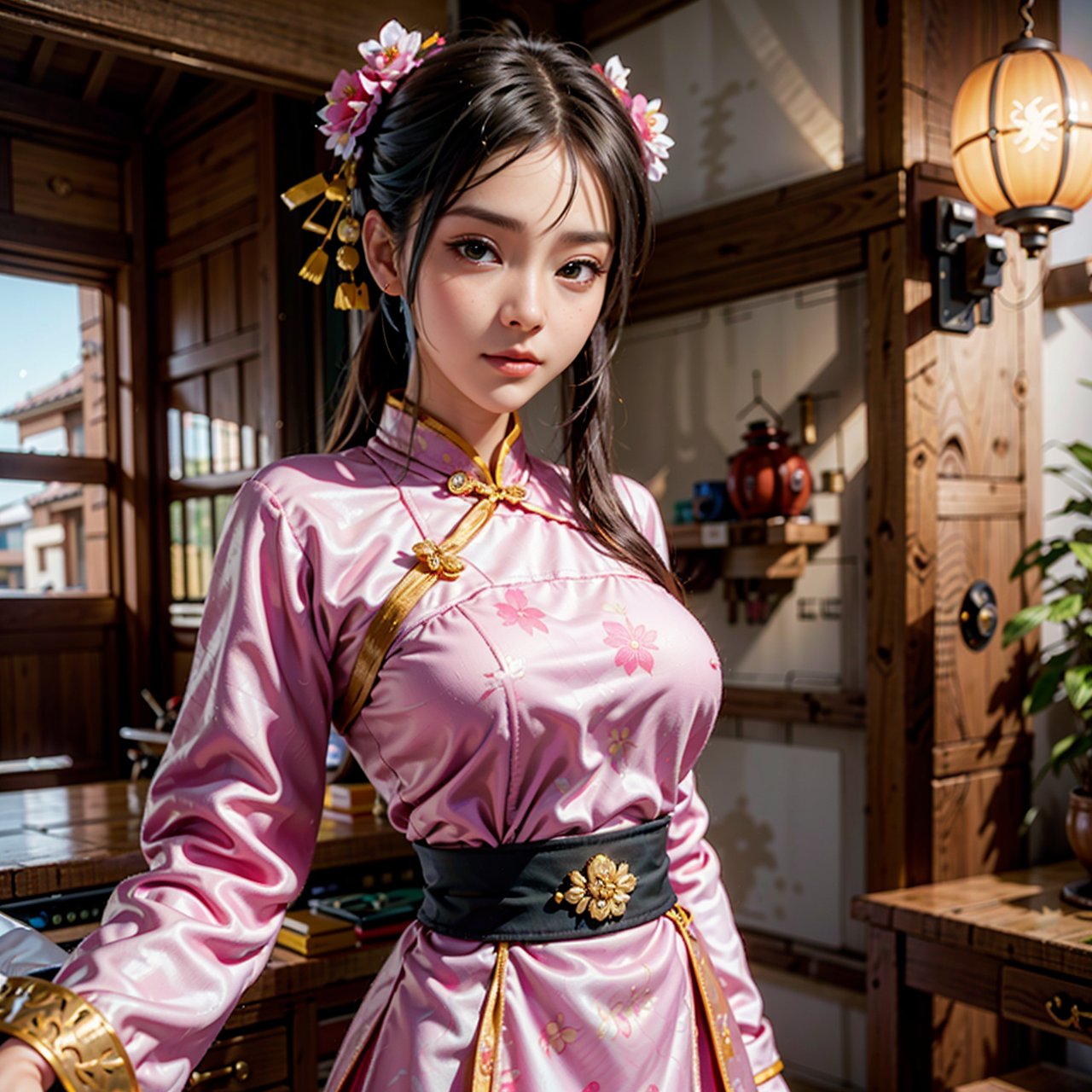 There is a cartoon in dress, Chinese dress, hanbok apron, Chinese costume, Chinese traditional costume, close-up - view, hanbok, wearing ancient Chinese costume, with ancient Chinese costume, palace, a girl in Hanfu, white hanfu, cheongsam, wearing pink flowers Chiton, shadow room, light edge, two-tone lighting, (high detail skin: 1.2), 8k uhd, DSLR, soft light, high quality, volumetric lighting, sneak peek, photo, high resolution, 4k, 8k, Background bokeh