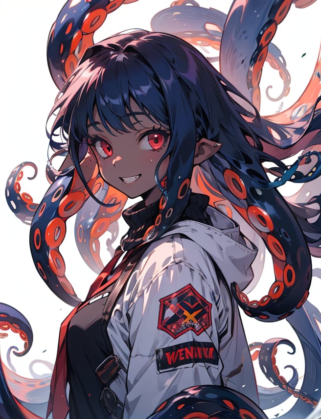 solo, long hair, looking at viewer, smile, simple background, red eyes, 1girl, white background, very long hair, blue hair, standing,  teeth, monster, black skin,highres, (portrait:.6),Detailedface,
(detailed face:1), (tentacle hair:1.4),ASU1