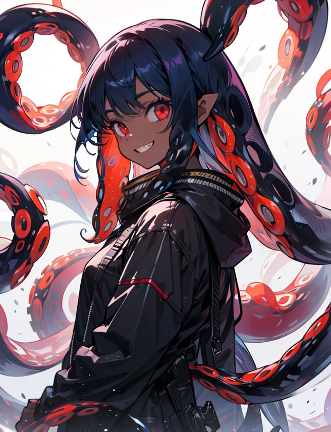 solo, long hair, looking at viewer, smile, simple background, red eyes, 1girl, white background, very long hair, blue hair, standing,  teeth, monster, black skin,highres, (portrait:.6),Detailedface,
(detailed face:1), (tentacle hair:1.4),ASU1